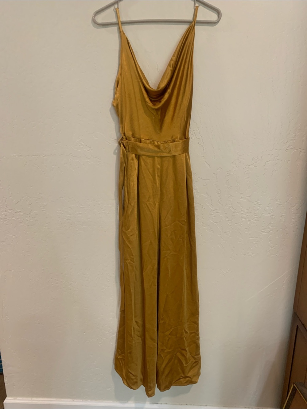 the clothing company Satin Cowl-Neck Maxi Dress in Mustard